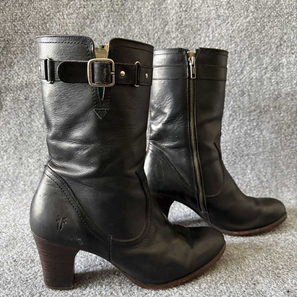 Frye Fiona Black Leather Mid Calf Moto Riding Boots Chunky Stacked Heel Size 10B